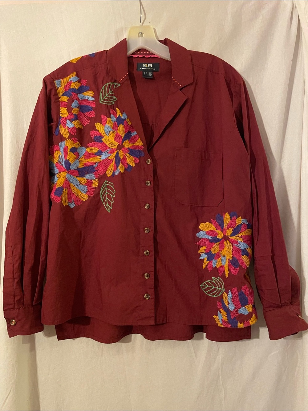 Anthropologie Maeve Burgundy Button-Down Shirt with Multicolor Floral Embroidery